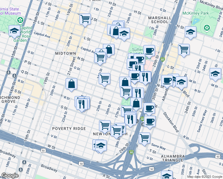 map of restaurants, bars, coffee shops, grocery stores, and more near 1531 26th Street in Sacramento
