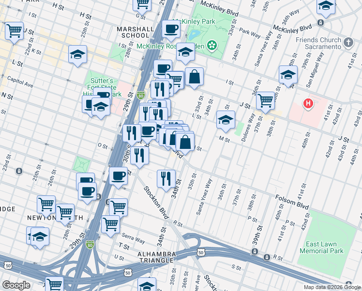 map of restaurants, bars, coffee shops, grocery stores, and more near 1416 33rd Street in Sacramento