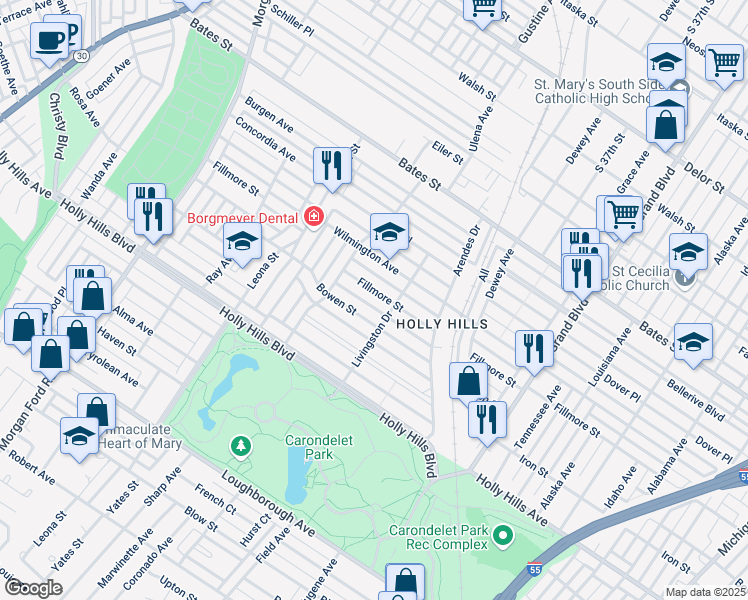 map of restaurants, bars, coffee shops, grocery stores, and more near 3921 Bowen Street in St. Louis