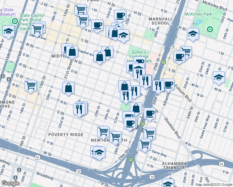 map of restaurants, bars, coffee shops, grocery stores, and more near 1531 26th Street in Sacramento