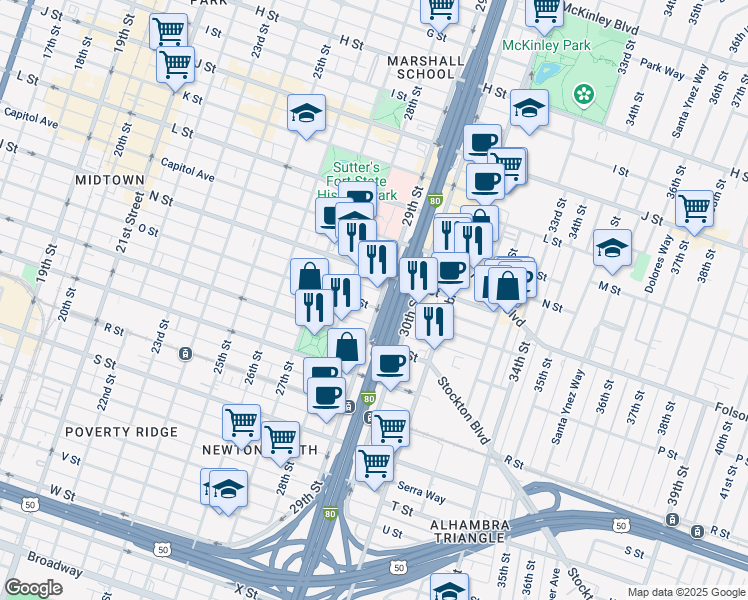 map of restaurants, bars, coffee shops, grocery stores, and more near 2827 O Street in Sacramento
