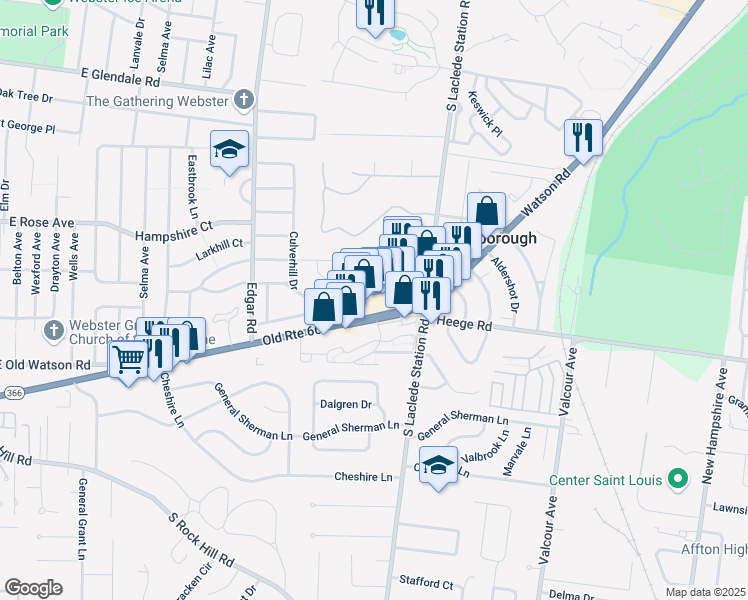 map of restaurants, bars, coffee shops, grocery stores, and more near 8041 Watson Road in Webster Groves