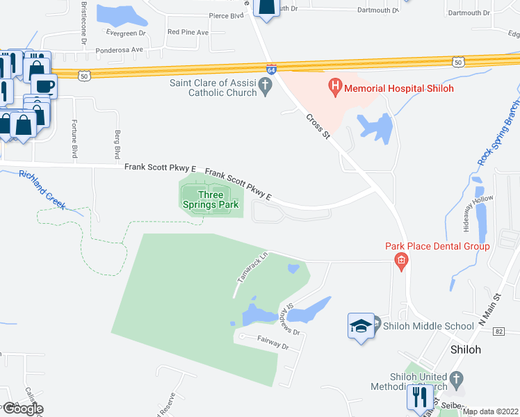 map of restaurants, bars, coffee shops, grocery stores, and more near 2301 Parkland Boulevard in Shiloh