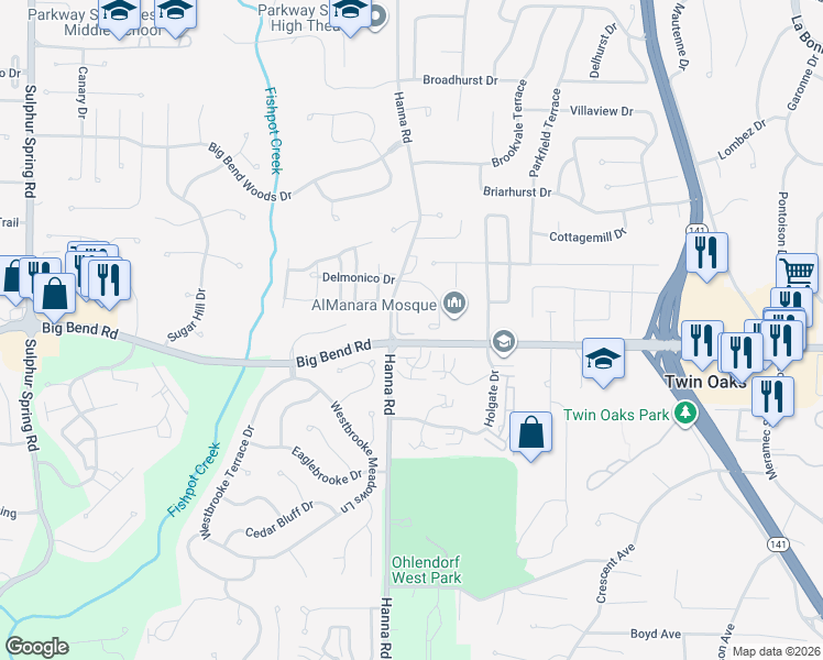 map of restaurants, bars, coffee shops, grocery stores, and more near 921 Hanna Place Court in Ballwin