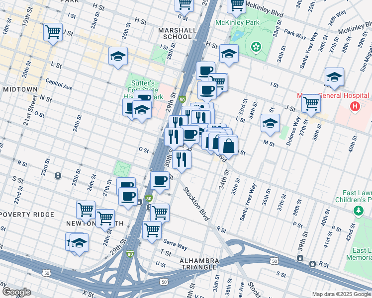 map of restaurants, bars, coffee shops, grocery stores, and more near 1401 Alhambra Boulevard in Sacramento