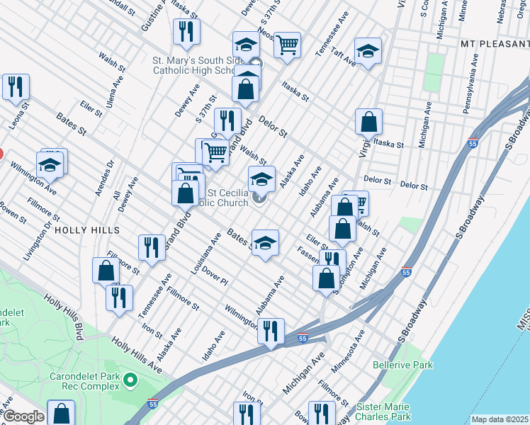 map of restaurants, bars, coffee shops, grocery stores, and more near 5418 Alaska Avenue in Saint Louis