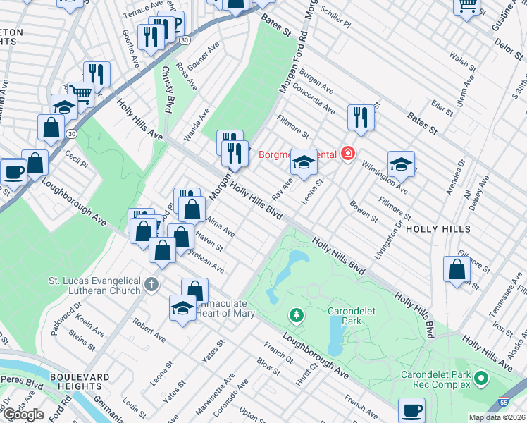 map of restaurants, bars, coffee shops, grocery stores, and more near 4082 Holly Hills Boulevard in St. Louis