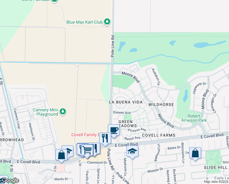 map of restaurants, bars, coffee shops, grocery stores, and more near 2900 Pole Line Road in Davis