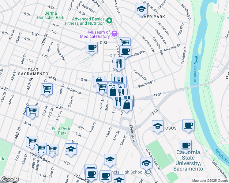 map of restaurants, bars, coffee shops, grocery stores, and more near 5505 H Street in Sacramento