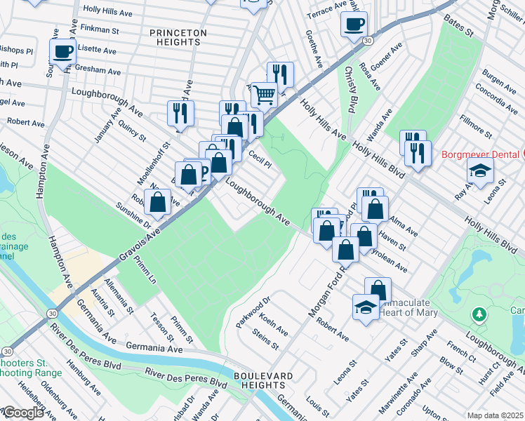 map of restaurants, bars, coffee shops, grocery stores, and more near 4562 Loughborough Avenue in St. Louis