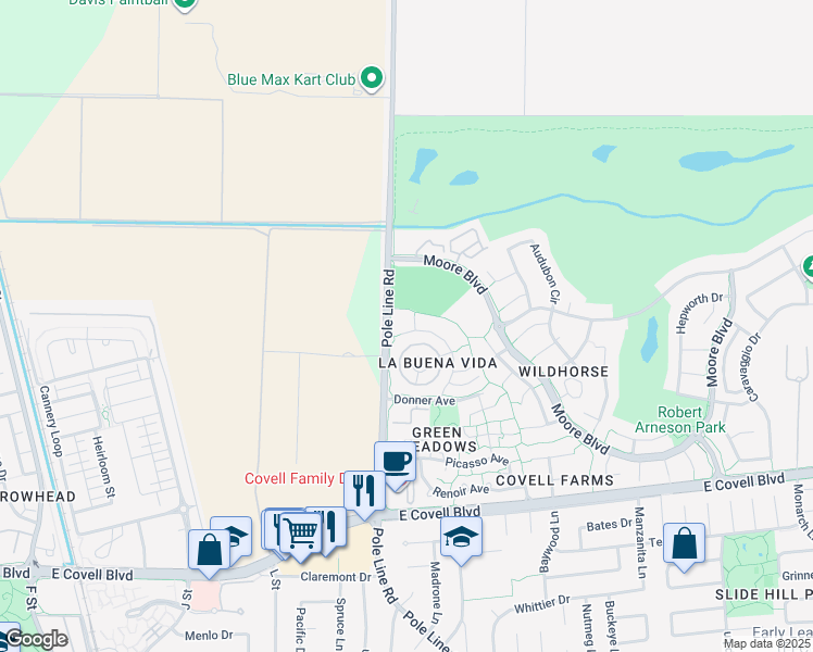 map of restaurants, bars, coffee shops, grocery stores, and more near 2905 Austin Street in Davis