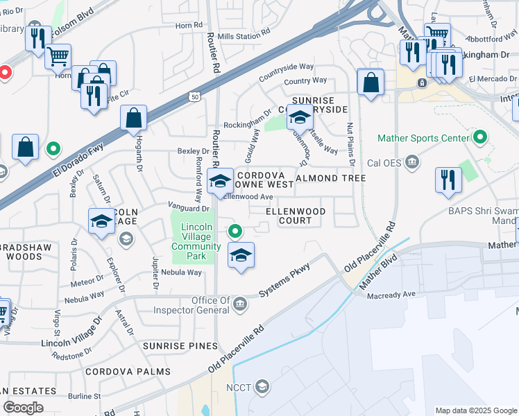 map of restaurants, bars, coffee shops, grocery stores, and more near 10136 Ellenwood Avenue in Sacramento