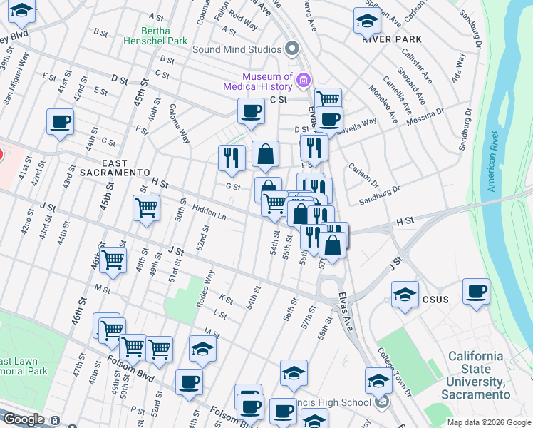map of restaurants, bars, coffee shops, grocery stores, and more near in Sacramento