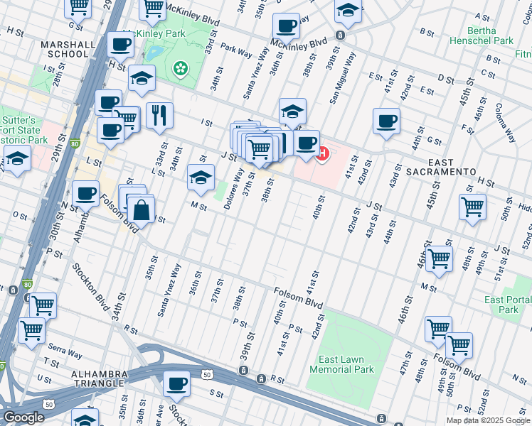 map of restaurants, bars, coffee shops, grocery stores, and more near 1209 38th Street in Sacramento