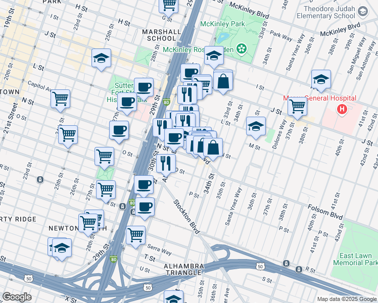map of restaurants, bars, coffee shops, grocery stores, and more near 3160 Folsom Boulevard in Sacramento