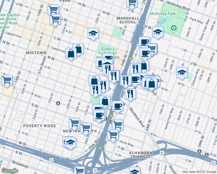 map of restaurants, bars, coffee shops, grocery stores, and more near 1501 28th Street in Sacramento