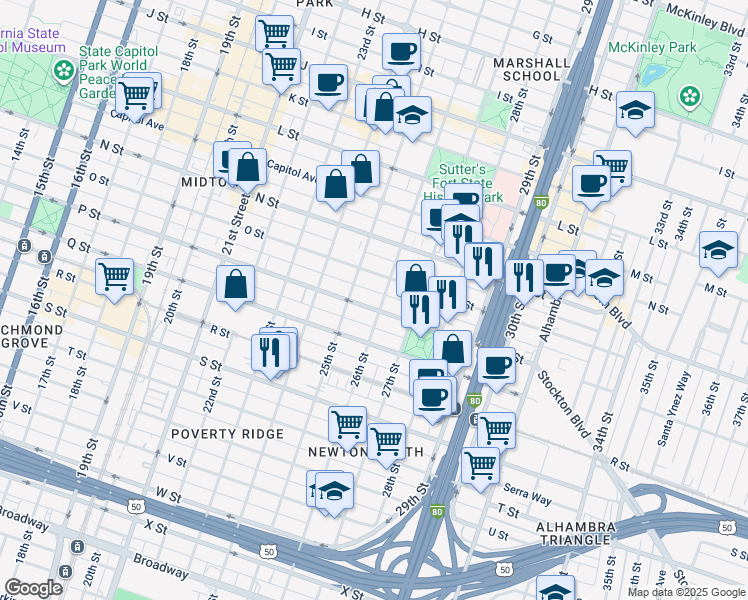 map of restaurants, bars, coffee shops, grocery stores, and more near 1531 26th Street in Sacramento