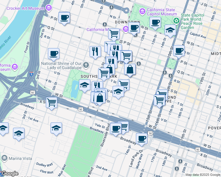 map of restaurants, bars, coffee shops, grocery stores, and more near 1006 U Street in Sacramento