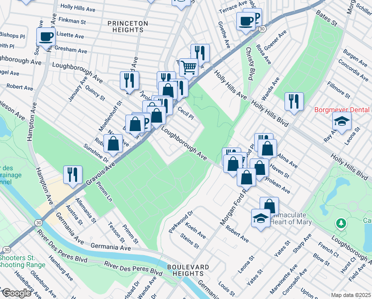 map of restaurants, bars, coffee shops, grocery stores, and more near 6928 Salzburger Avenue in St. Louis