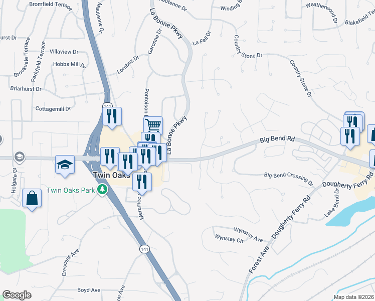 map of restaurants, bars, coffee shops, grocery stores, and more near 1481 Big Bend Road in Ballwin