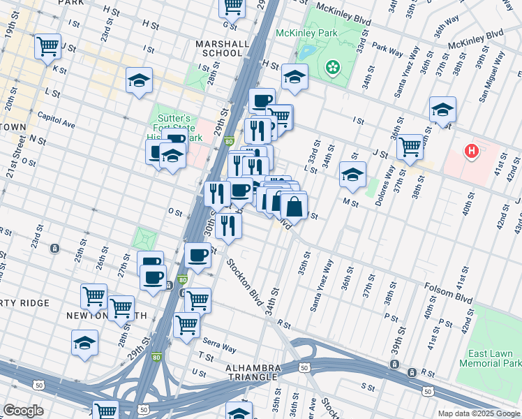 map of restaurants, bars, coffee shops, grocery stores, and more near 3160 Folsom Boulevard in Sacramento