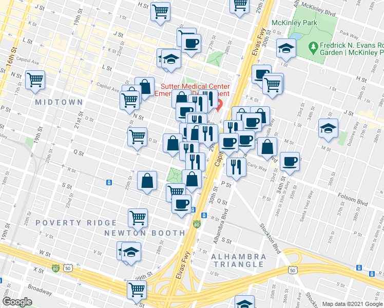 map of restaurants, bars, coffee shops, grocery stores, and more near 28th Street & O Street in Sacramento