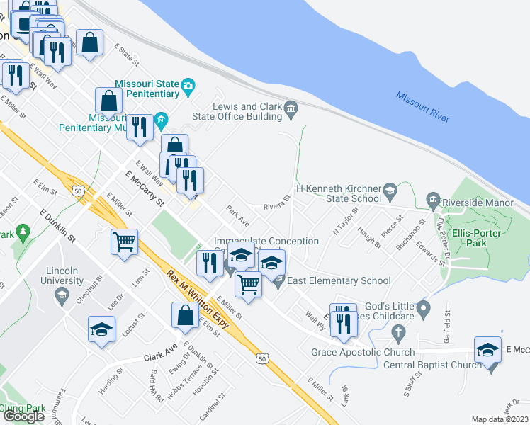 map of restaurants, bars, coffee shops, grocery stores, and more near 1108 Riviera Street in Jefferson City