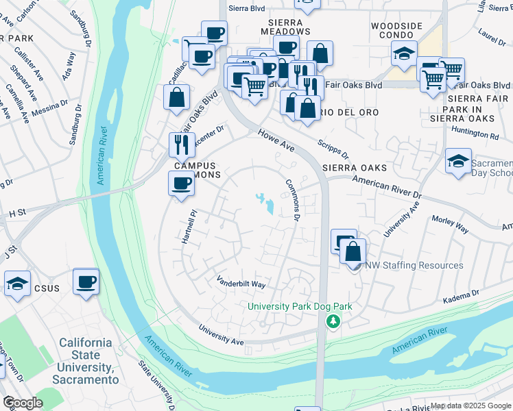 map of restaurants, bars, coffee shops, grocery stores, and more near 650 Commons Drive in Sacramento