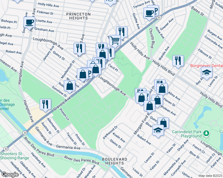 map of restaurants, bars, coffee shops, grocery stores, and more near 4570 Loughborough Avenue in St. Louis