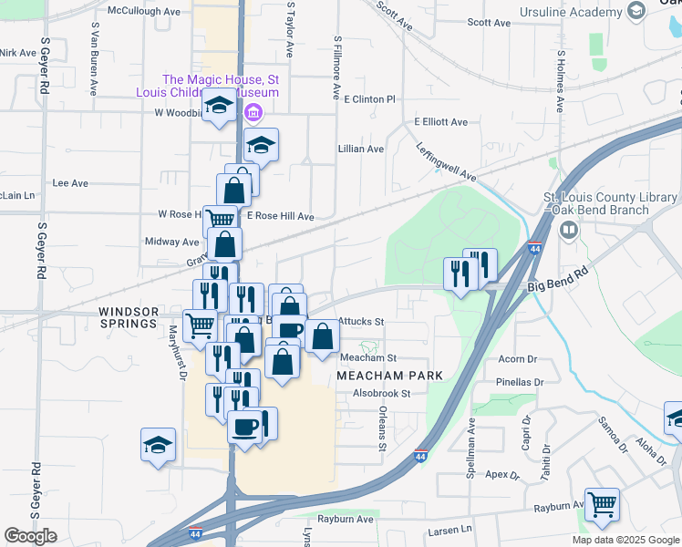 map of restaurants, bars, coffee shops, grocery stores, and more near 918 South Fillmore Avenue in Kirkwood