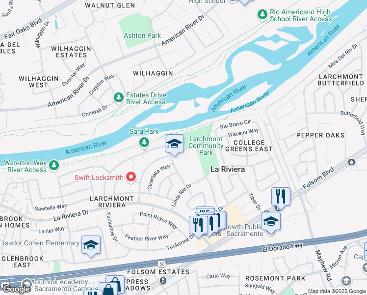 map of restaurants, bars, coffee shops, grocery stores, and more near 2440 Stansberry Way in Sacramento