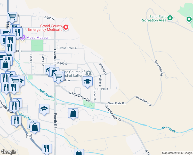 map of restaurants, bars, coffee shops, grocery stores, and more near 738 Locust Lane in Moab