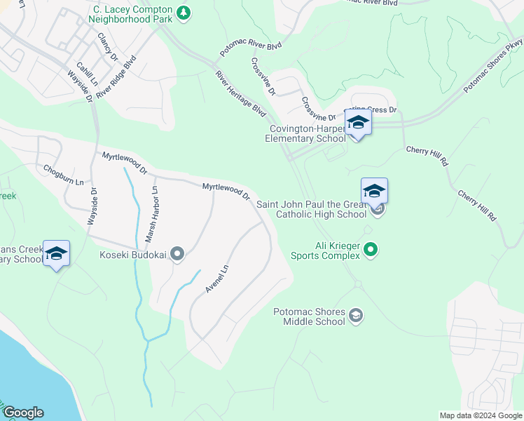 map of restaurants, bars, coffee shops, grocery stores, and more near 2848 Myrtlewood Drive in Dumfries