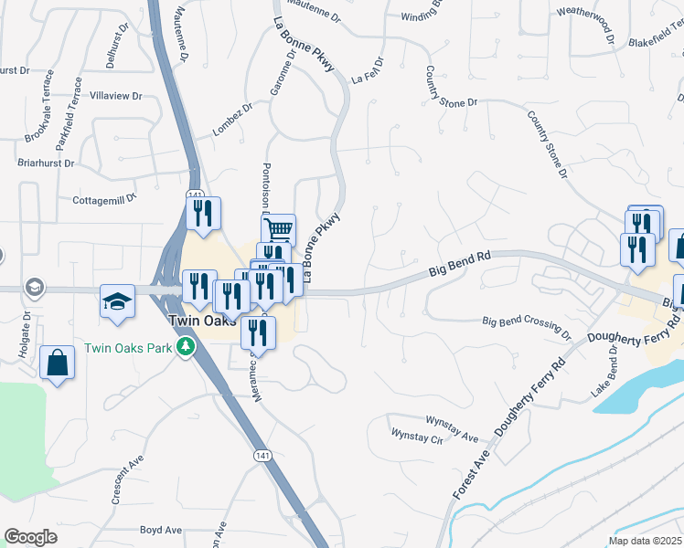 map of restaurants, bars, coffee shops, grocery stores, and more near 1481 Big Bend Road in Ballwin