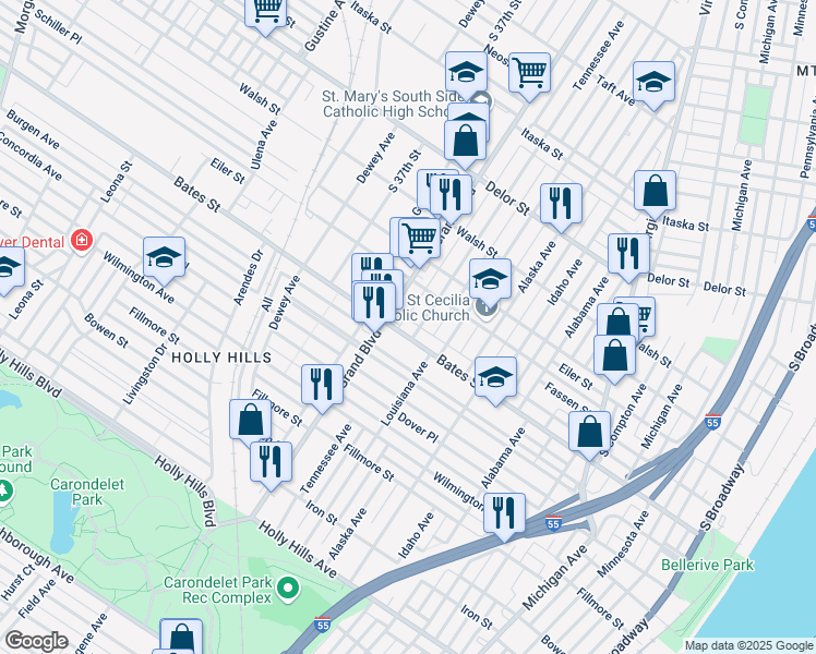 map of restaurants, bars, coffee shops, grocery stores, and more near 1032 Bates Street in St. Louis