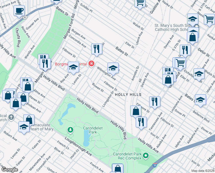 map of restaurants, bars, coffee shops, grocery stores, and more near 3921 Bowen Street in St. Louis