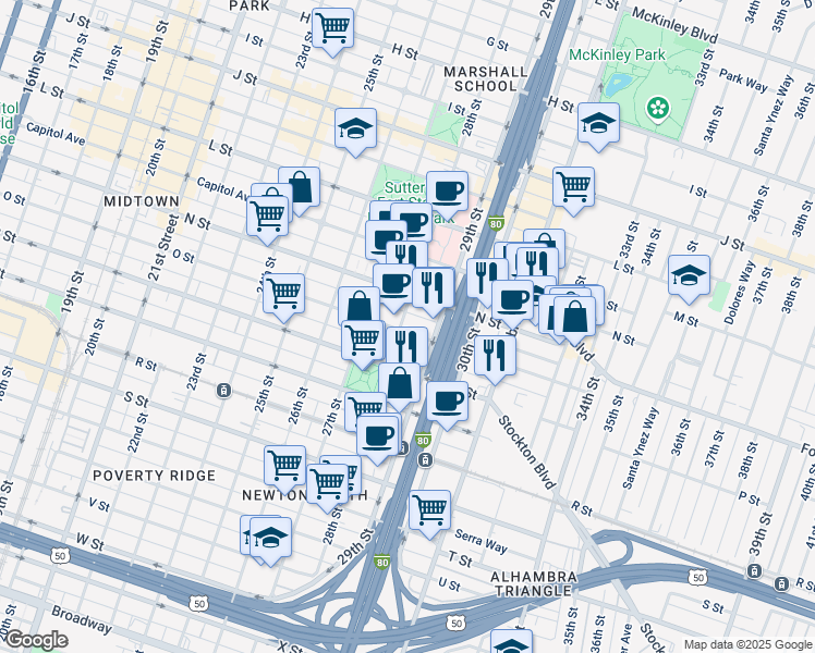 map of restaurants, bars, coffee shops, grocery stores, and more near 1501 28th Street in Sacramento
