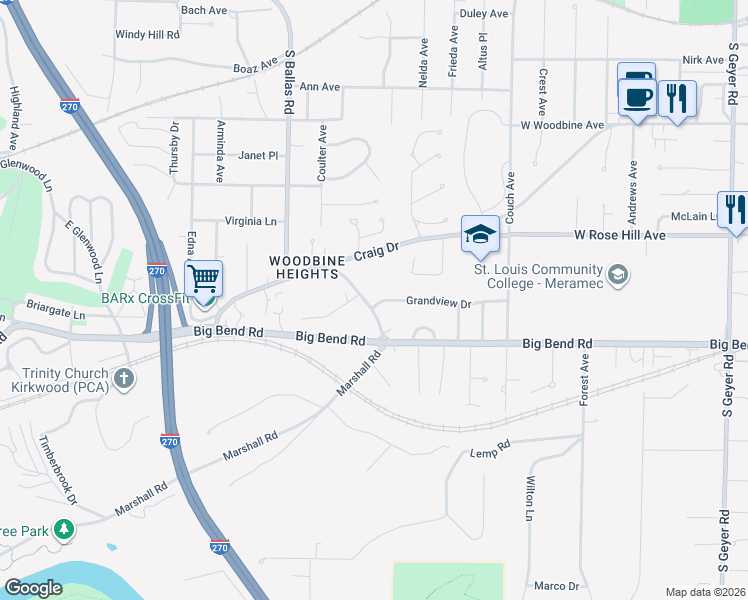 map of restaurants, bars, coffee shops, grocery stores, and more near 12015 Old Big Bend Road in Kirkwood