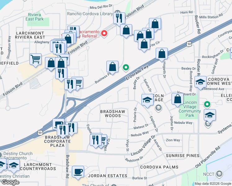 map of restaurants, bars, coffee shops, grocery stores, and more near 9808 Gardenwood Way in Sacramento