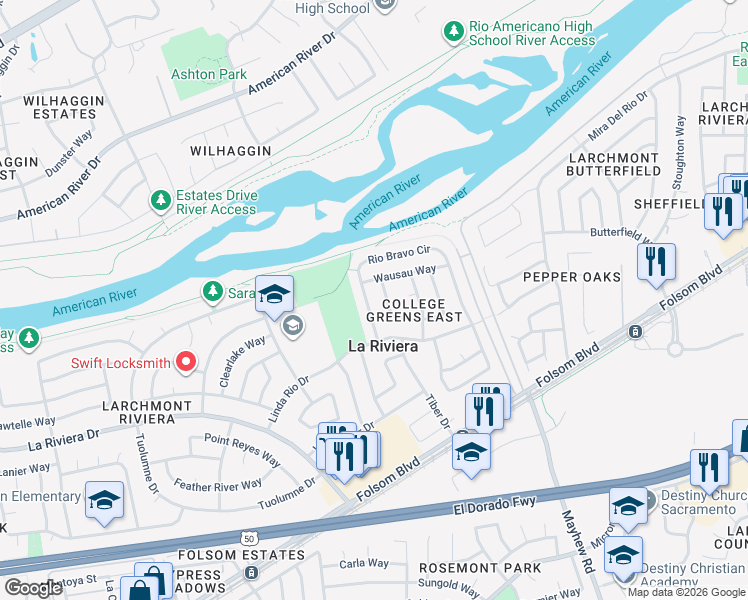 map of restaurants, bars, coffee shops, grocery stores, and more near 2670 Rio Bravo Circle in Sacramento