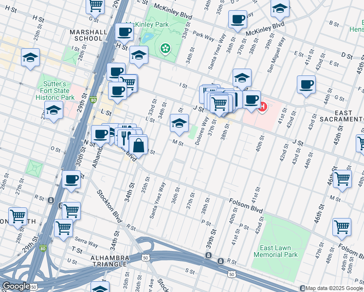 map of restaurants, bars, coffee shops, grocery stores, and more near 1304 36th Street in Sacramento