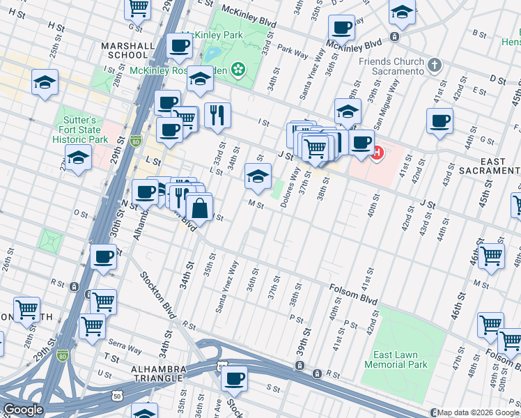map of restaurants, bars, coffee shops, grocery stores, and more near 1304 36th Street in Sacramento