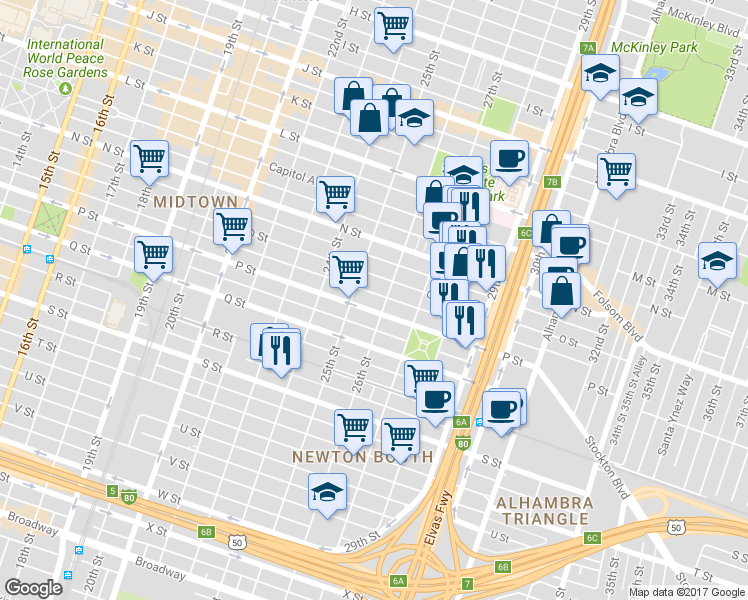 map of restaurants, bars, coffee shops, grocery stores, and more near 1531 26th Street in Sacramento