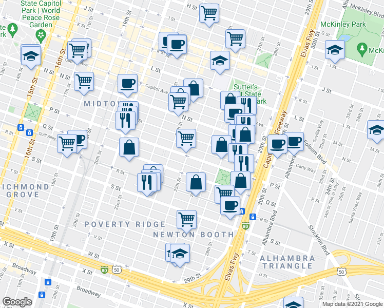 map of restaurants, bars, coffee shops, grocery stores, and more near 2500 P Street in Sacramento