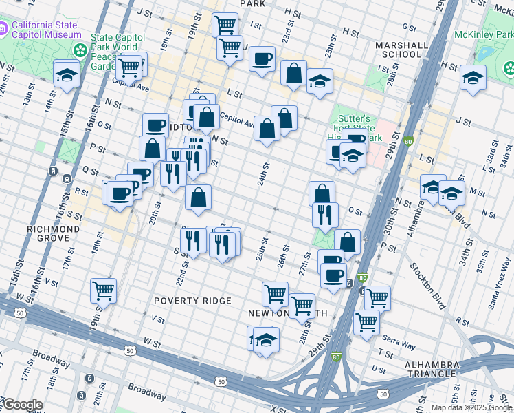 map of restaurants, bars, coffee shops, grocery stores, and more near 1617 24th Street in Sacramento