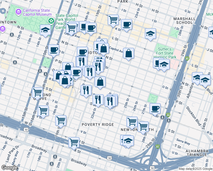 map of restaurants, bars, coffee shops, grocery stores, and more near 2100 Q Street in Sacramento
