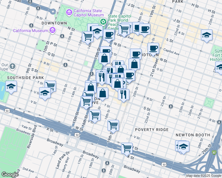 map of restaurants, bars, coffee shops, grocery stores, and more near 1814 18th Street in Sacramento