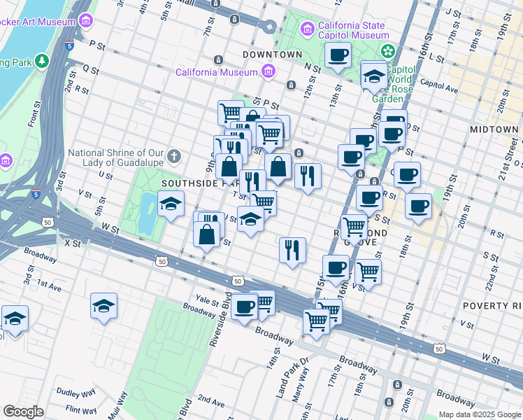 map of restaurants, bars, coffee shops, grocery stores, and more near 2013 12th Street in Sacramento