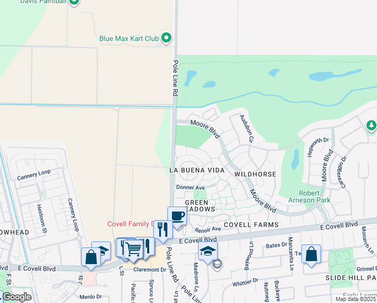 map of restaurants, bars, coffee shops, grocery stores, and more near 2849 Bidwell Street in Davis