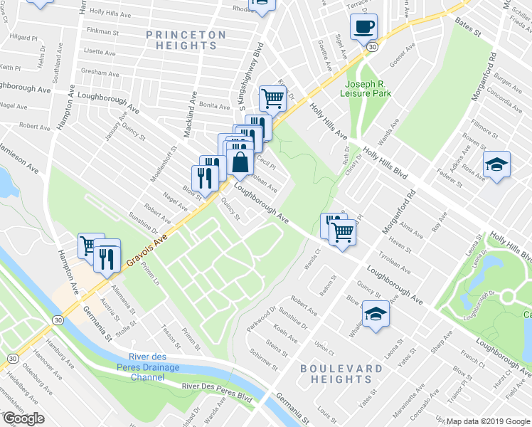 map of restaurants, bars, coffee shops, grocery stores, and more near 6928 Salzburger Avenue in St. Louis